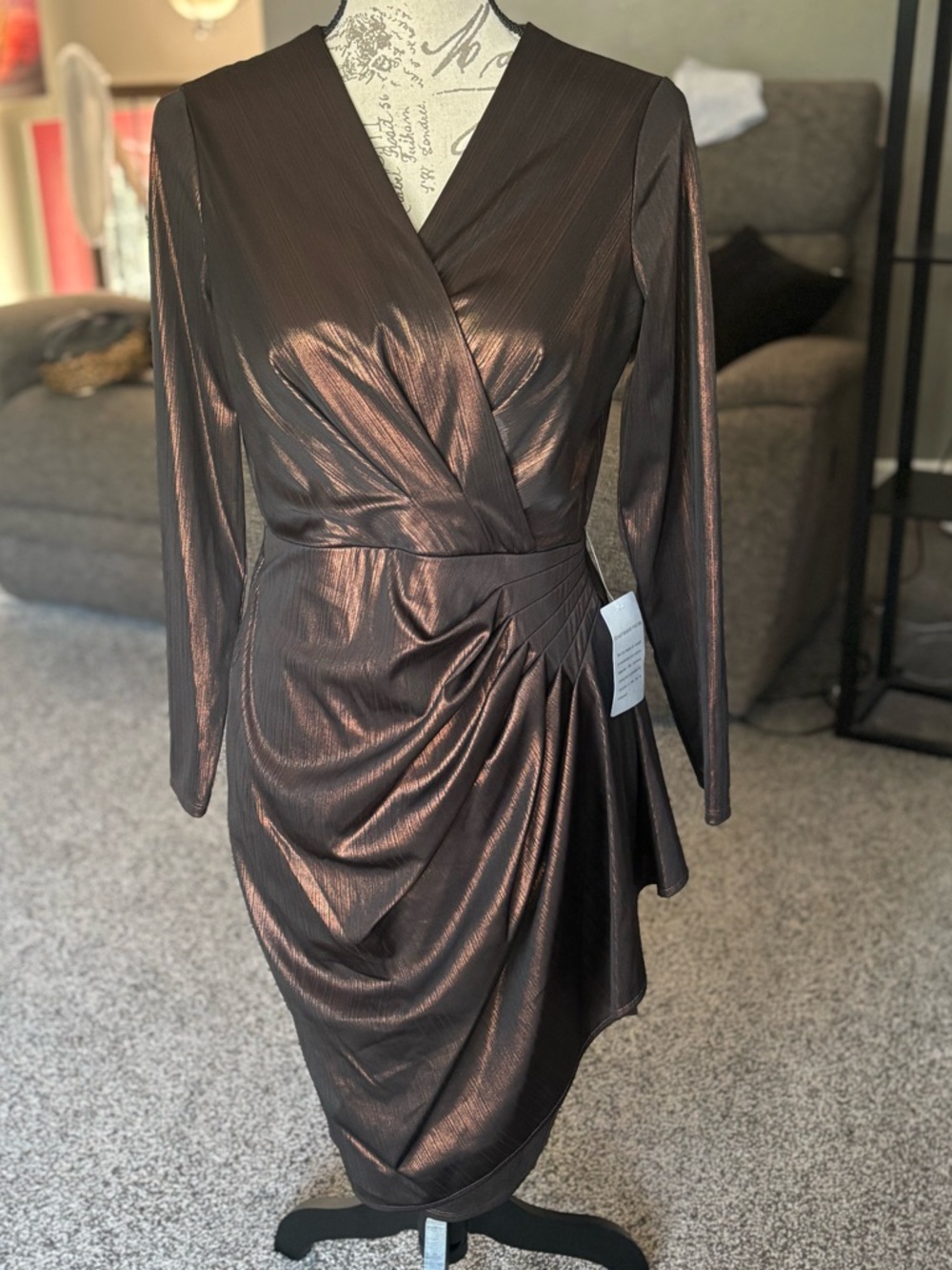 London Times Metallic Brown Long-Sleeve Wrap Dress